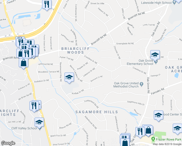 map of restaurants, bars, coffee shops, grocery stores, and more near 2189 Lebaron Drive Northeast in Atlanta
