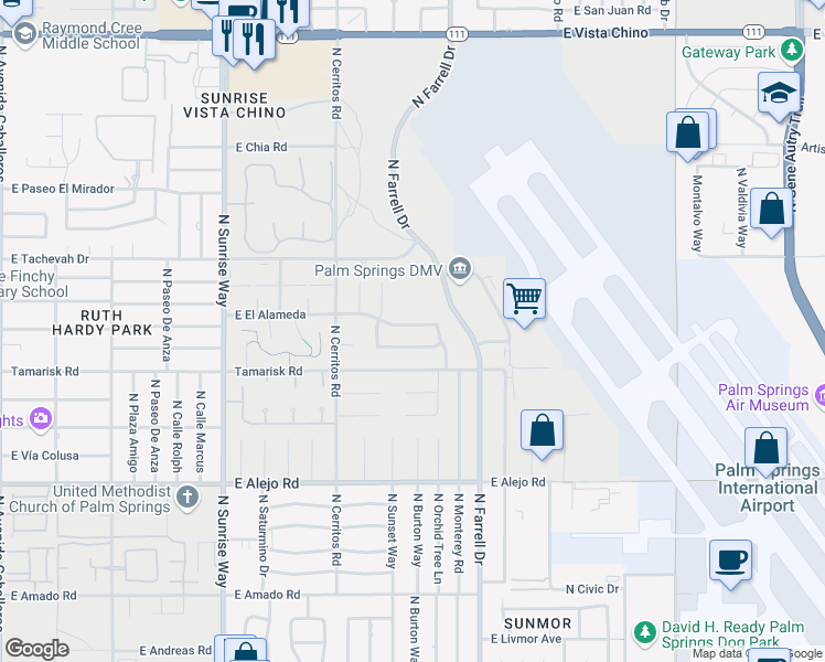 map of restaurants, bars, coffee shops, grocery stores, and more near 2413 East El Alameda in Palm Springs