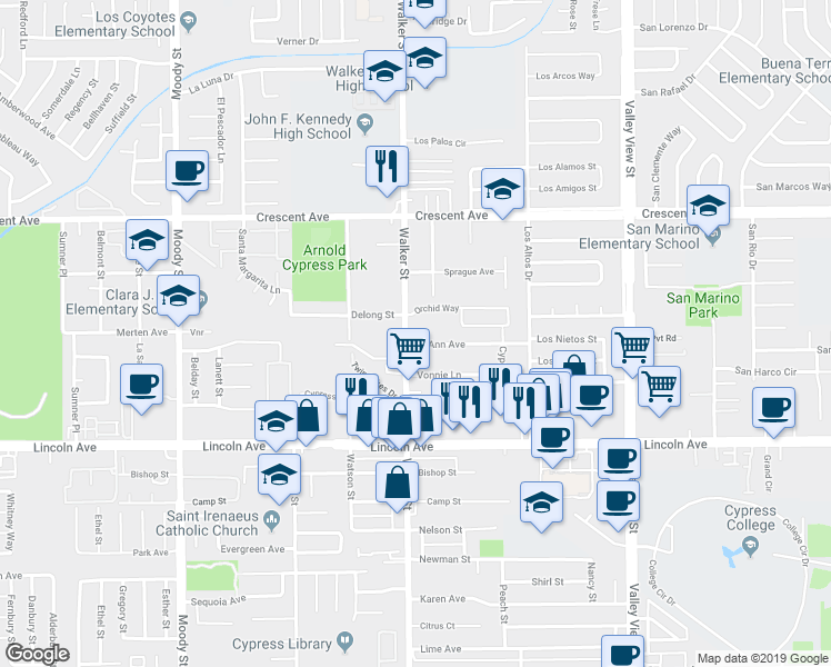 map of restaurants, bars, coffee shops, grocery stores, and more near 8748 Walker Street in Cypress