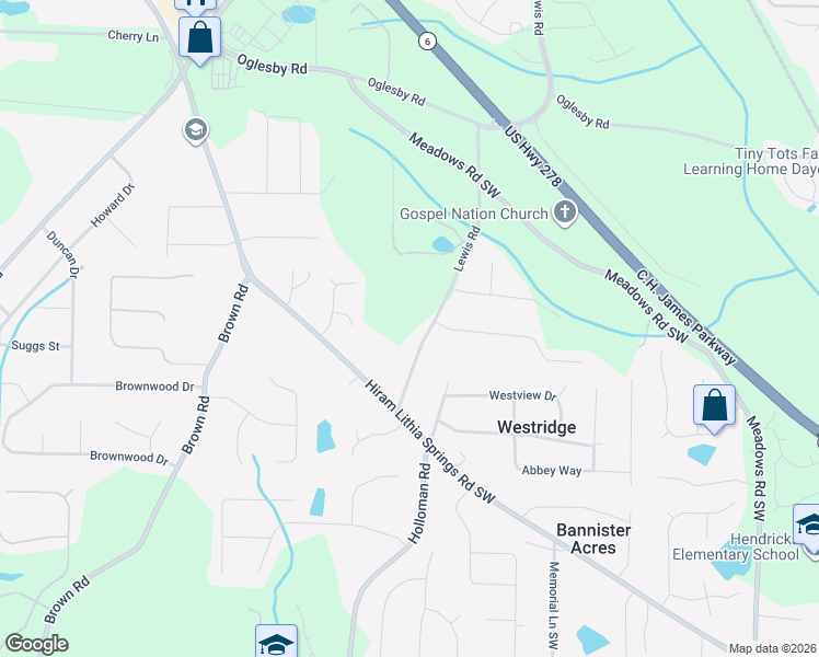 map of restaurants, bars, coffee shops, grocery stores, and more near 4872 Lewis Road in Powder Springs