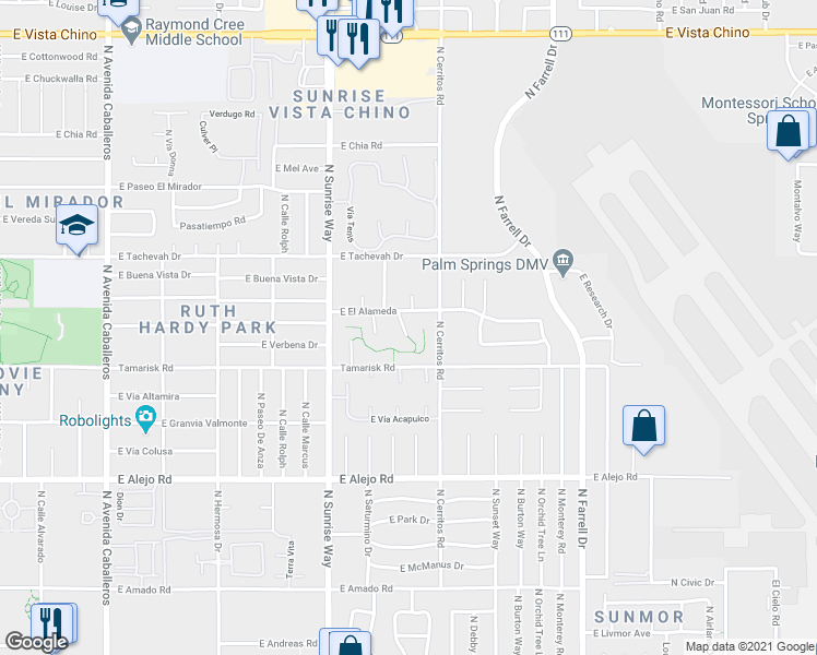 map of restaurants, bars, coffee shops, grocery stores, and more near 860 North Calle De Pinos in Palm Springs