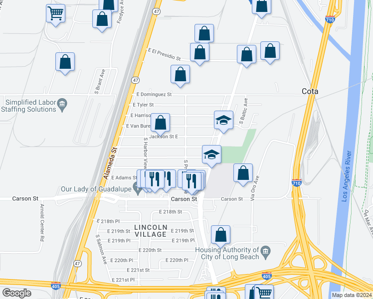 map of restaurants, bars, coffee shops, grocery stores, and more near 21304 South Prospect Avenue in Carson