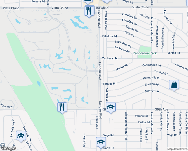 map of restaurants, bars, coffee shops, grocery stores, and more near Landau Boulevard in Cathedral City