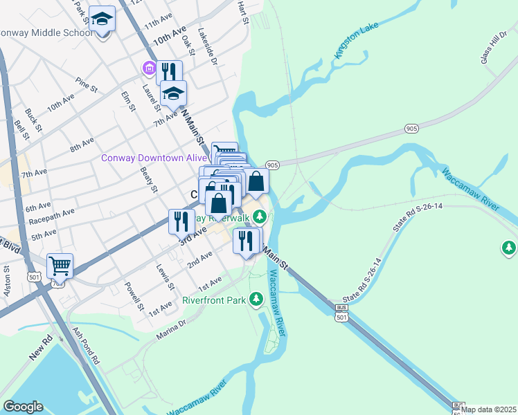map of restaurants, bars, coffee shops, grocery stores, and more near 219 Kingston Street in Conway