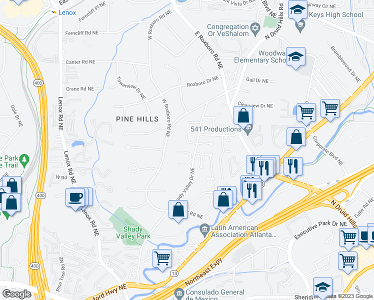 map of restaurants, bars, coffee shops, grocery stores, and more near 1056 Shady Valley Place in Atlanta
