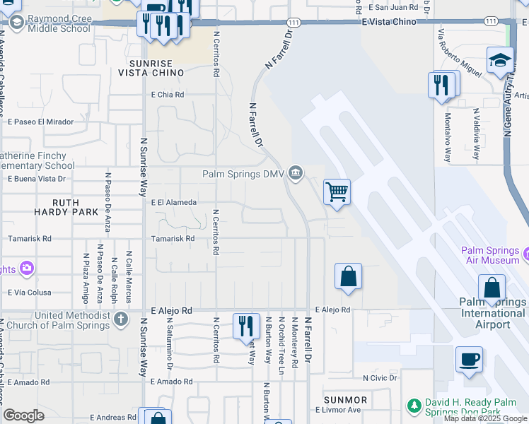 map of restaurants, bars, coffee shops, grocery stores, and more near 2328 East El Alameda in Palm Springs
