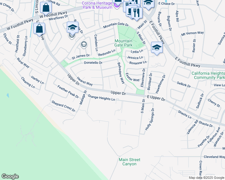 map of restaurants, bars, coffee shops, grocery stores, and more near 3575 Ambrose Circle in Corona