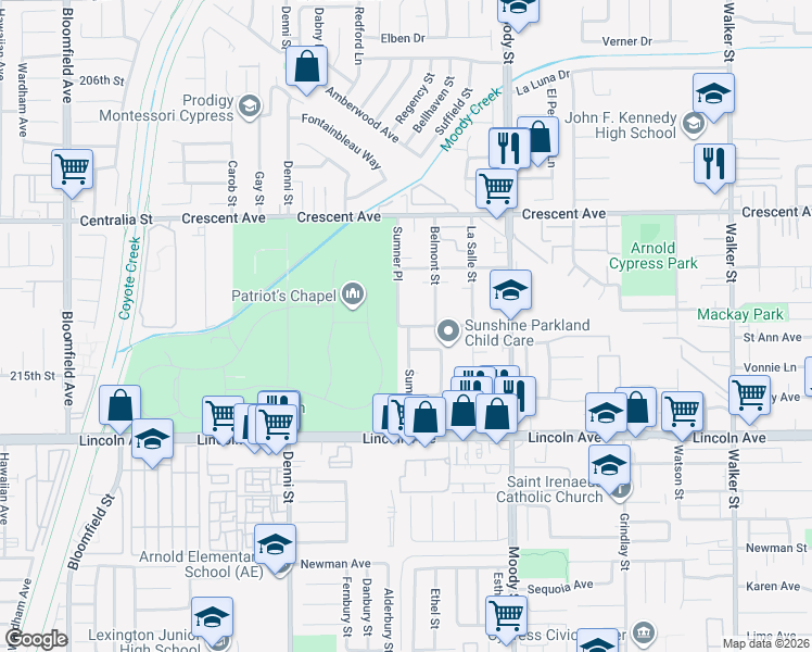 map of restaurants, bars, coffee shops, grocery stores, and more near 8736 Sumner Place in Cypress
