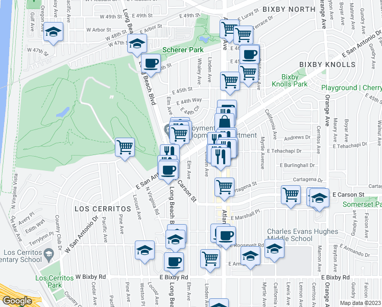 map of restaurants, bars, coffee shops, grocery stores, and more near 4303 Elm Avenue in Long Beach