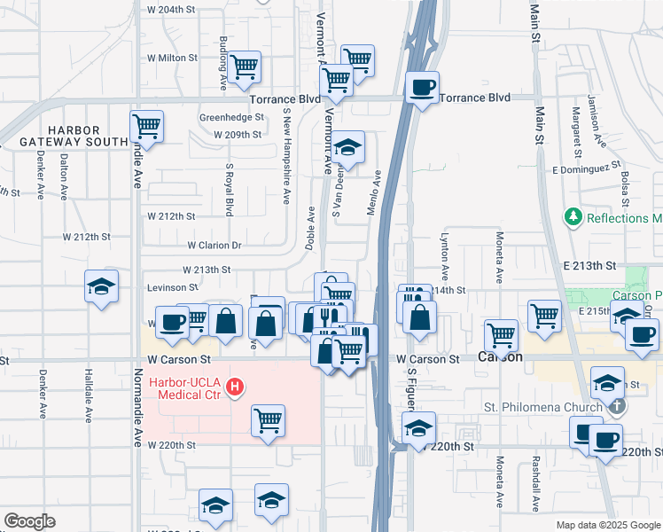 map of restaurants, bars, coffee shops, grocery stores, and more near 834 213th Street in Torrance