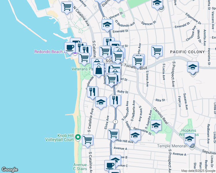 map of restaurants, bars, coffee shops, grocery stores, and more near 420A South Broadway in Redondo Beach