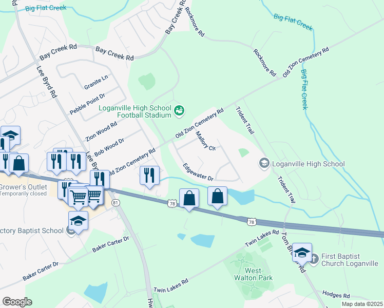 map of restaurants, bars, coffee shops, grocery stores, and more near 711 Wilhaven Court in Loganville