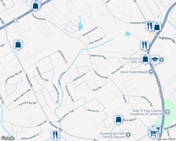 map of restaurants, bars, coffee shops, grocery stores, and more near 3390 Eastpines Way in Snellville