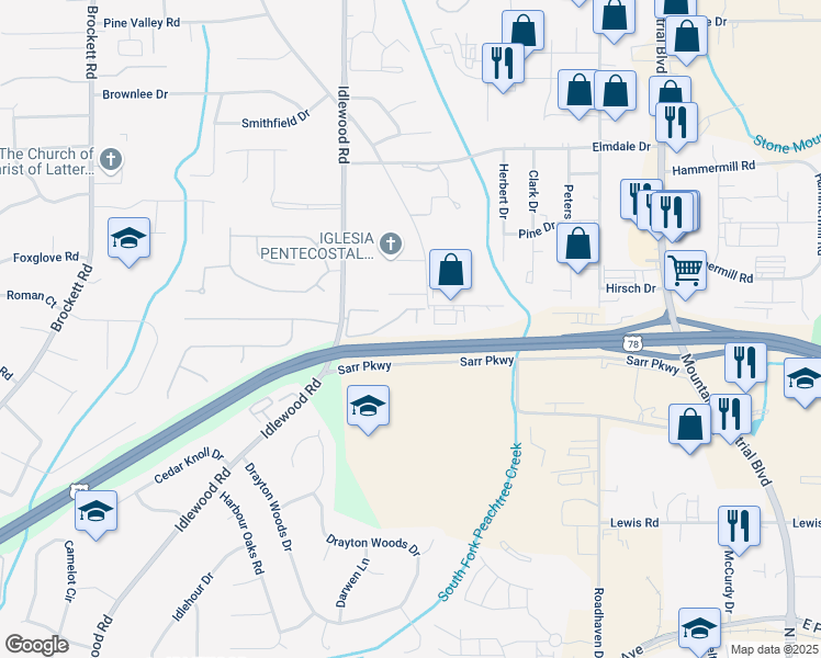 map of restaurants, bars, coffee shops, grocery stores, and more near 4411 Idlewood Lane in Tucker