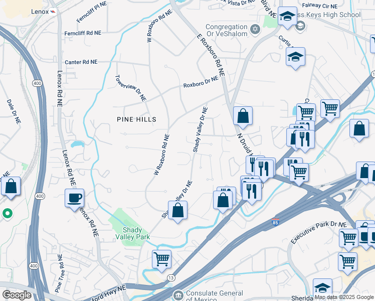 map of restaurants, bars, coffee shops, grocery stores, and more near 1056 Shady Valley Place in Atlanta