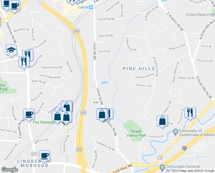 map of restaurants, bars, coffee shops, grocery stores, and more near 46 Plantation Drive Northeast in Atlanta
