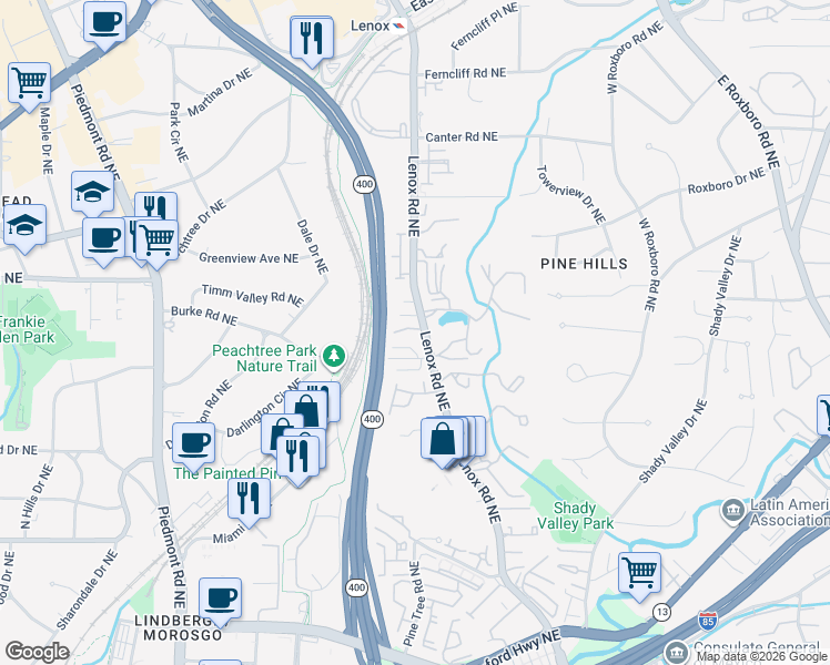 map of restaurants, bars, coffee shops, grocery stores, and more near 887 Embassy Court Northeast in Atlanta