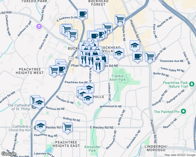 map of restaurants, bars, coffee shops, grocery stores, and more near 2956 Grandview Avenue Northeast in Atlanta