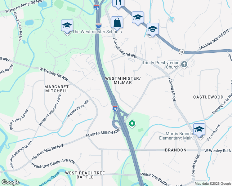 map of restaurants, bars, coffee shops, grocery stores, and more near 2930 Margaret Mitchell Court Northwest in Atlanta