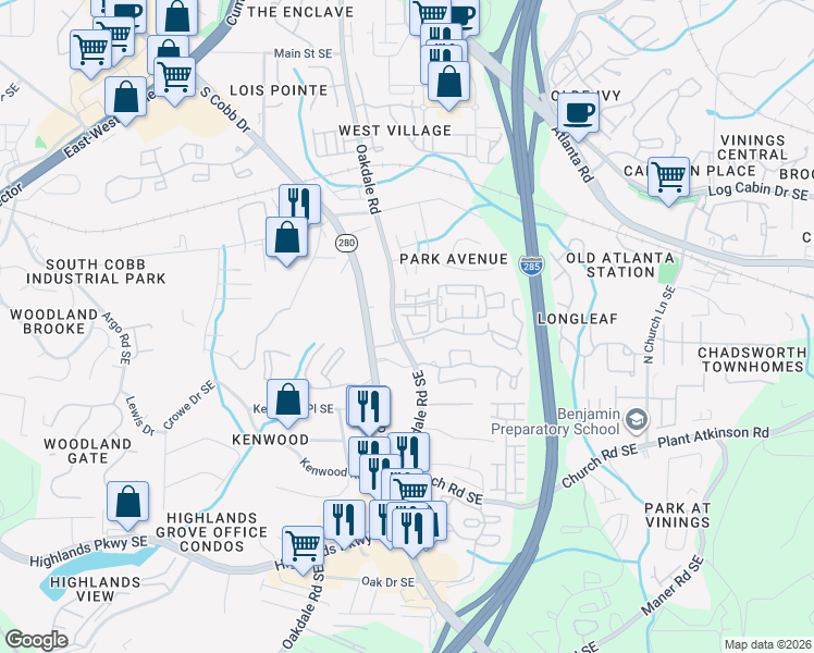 map of restaurants, bars, coffee shops, grocery stores, and more near 4879 Seldon Way Southeast in Smyrna
