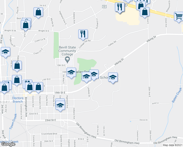 map of restaurants, bars, coffee shops, grocery stores, and more near 1100 Viking Drive in Jasper