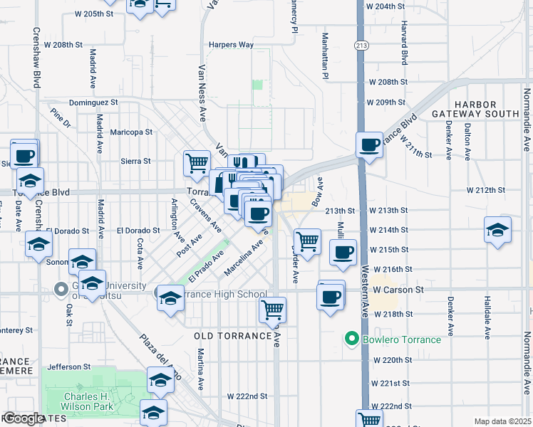map of restaurants, bars, coffee shops, grocery stores, and more near 1301 Cabrillo Avenue in Torrance