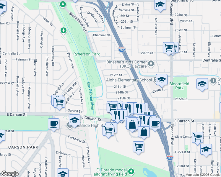 map of restaurants, bars, coffee shops, grocery stores, and more near 11314 213th Street in Lakewood