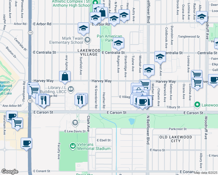 map of restaurants, bars, coffee shops, grocery stores, and more near 4237 Charlemagne Avenue in Long Beach