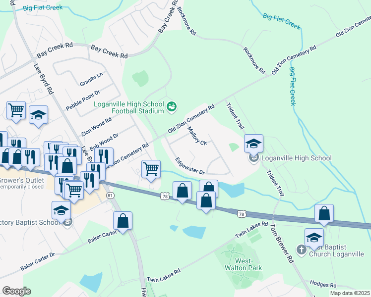 map of restaurants, bars, coffee shops, grocery stores, and more near 711 Wilhaven Court in Loganville