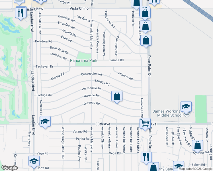 map of restaurants, bars, coffee shops, grocery stores, and more near 68635 Tortuga Road in Cathedral City