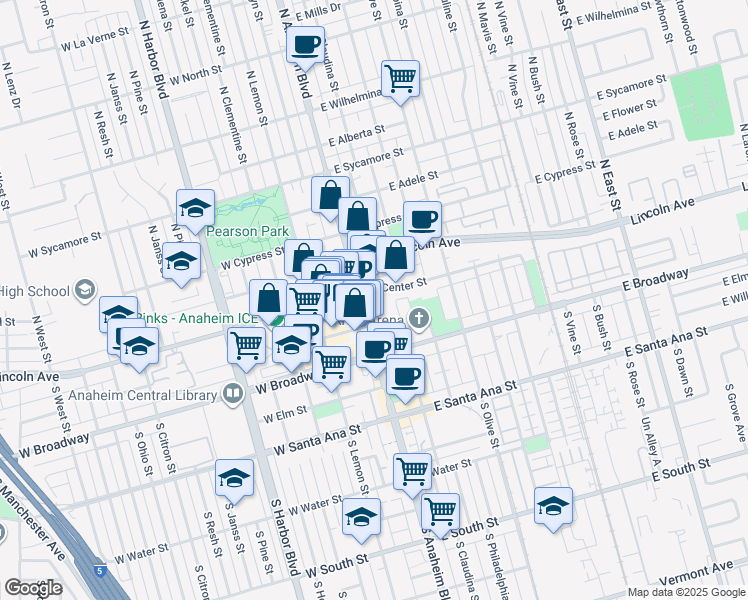 map of restaurants, bars, coffee shops, grocery stores, and more near 100 South Anaheim Boulevard in Anaheim