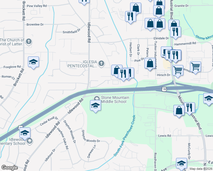 map of restaurants, bars, coffee shops, grocery stores, and more near 4411 Idlewood Lane in Tucker