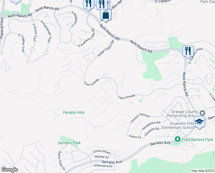 map of restaurants, bars, coffee shops, grocery stores, and more near 6221 East Onyx Lane in Anaheim