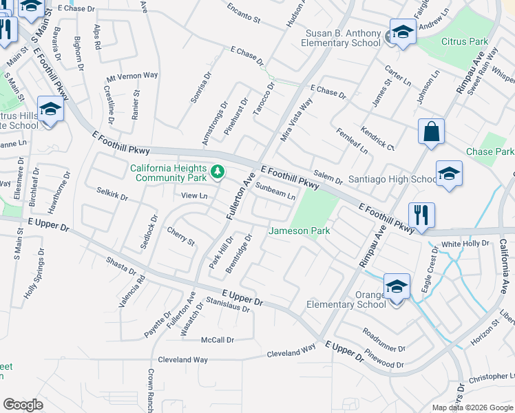 map of restaurants, bars, coffee shops, grocery stores, and more near 3387 Moonlight Lane in Corona