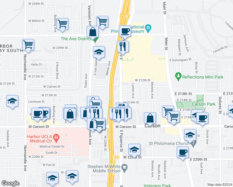 map of restaurants, bars, coffee shops, grocery stores, and more near 21249 South Figueroa Street in Carson