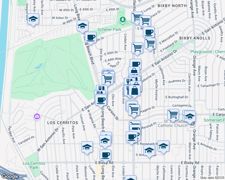 map of restaurants, bars, coffee shops, grocery stores, and more near East San Antonio Drive & Elm Avenue in Long Beach
