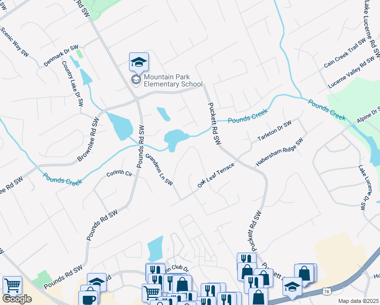 map of restaurants, bars, coffee shops, grocery stores, and more near 1709 Oak Ridge Circle Southwest in Stone Mountain