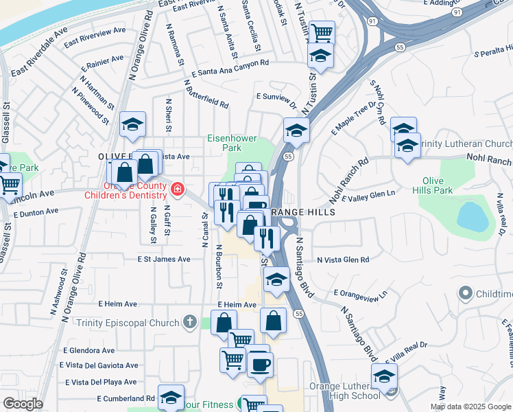 map of restaurants, bars, coffee shops, grocery stores, and more near 1695 East Lincoln Avenue in Orange