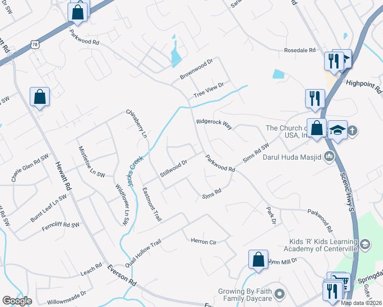 map of restaurants, bars, coffee shops, grocery stores, and more near 3390 Eastpines Way in Snellville