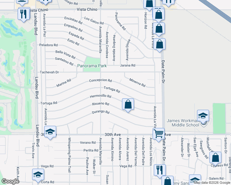 map of restaurants, bars, coffee shops, grocery stores, and more near 68635 Tortuga Road in Cathedral City