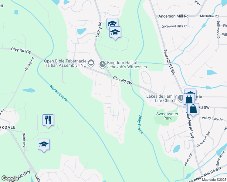 map of restaurants, bars, coffee shops, grocery stores, and more near 4859 Sweetwater Valley Road in Austell