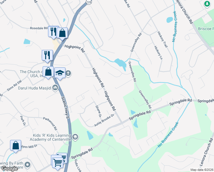 map of restaurants, bars, coffee shops, grocery stores, and more near 2820 Highpoint Road in Snellville