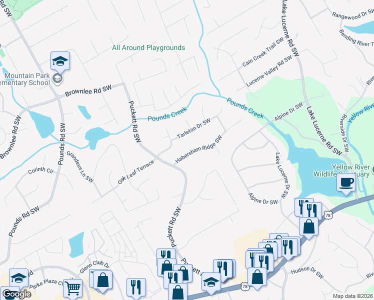 map of restaurants, bars, coffee shops, grocery stores, and more near 4887 Habersham Ridge SW in Lilburn