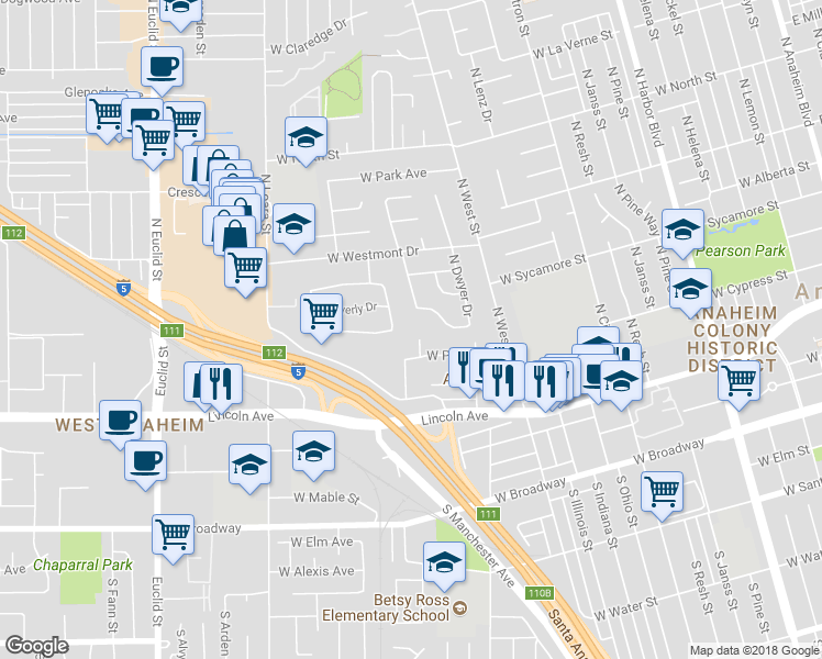 map of restaurants, bars, coffee shops, grocery stores, and more near 319 North Dwyer Place in Anaheim