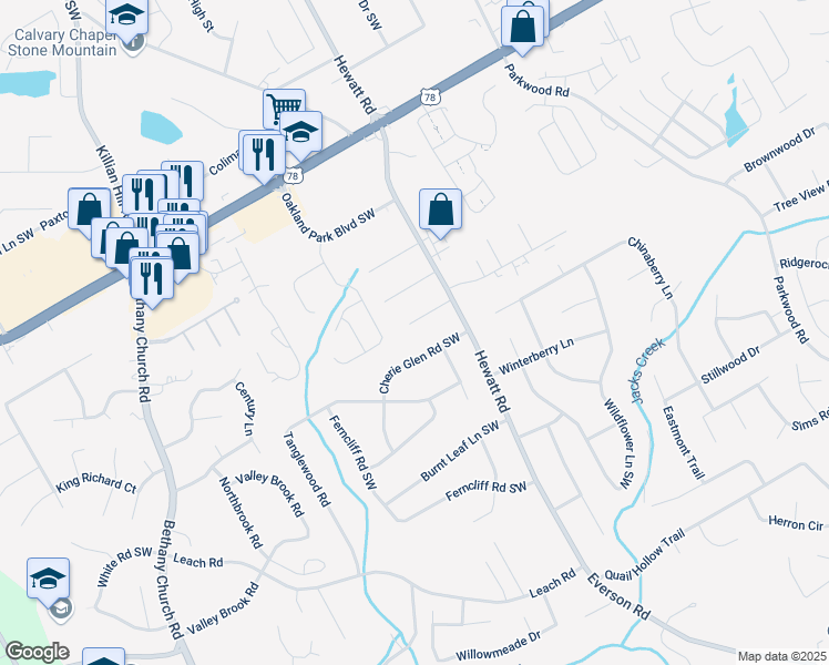 map of restaurants, bars, coffee shops, grocery stores, and more near 3794 Whaley Court Southwest in Snellville
