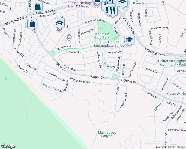 map of restaurants, bars, coffee shops, grocery stores, and more near 3575 Ambrose Circle in Corona