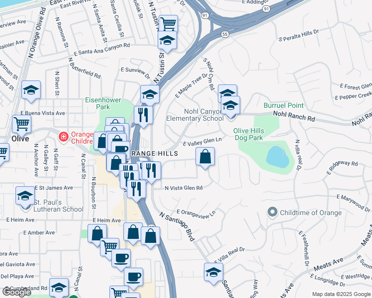 map of restaurants, bars, coffee shops, grocery stores, and more near 2124 East Valley Glen Lane in Orange