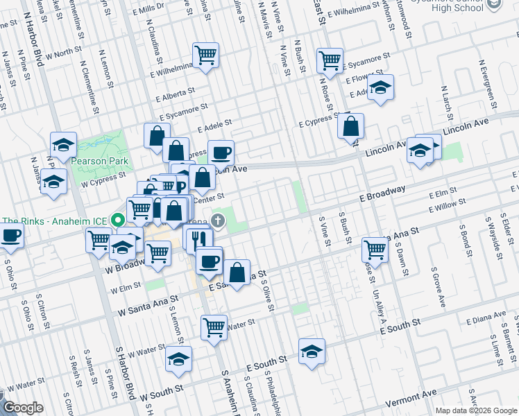 map of restaurants, bars, coffee shops, grocery stores, and more near 116 South Melrose Street in Anaheim