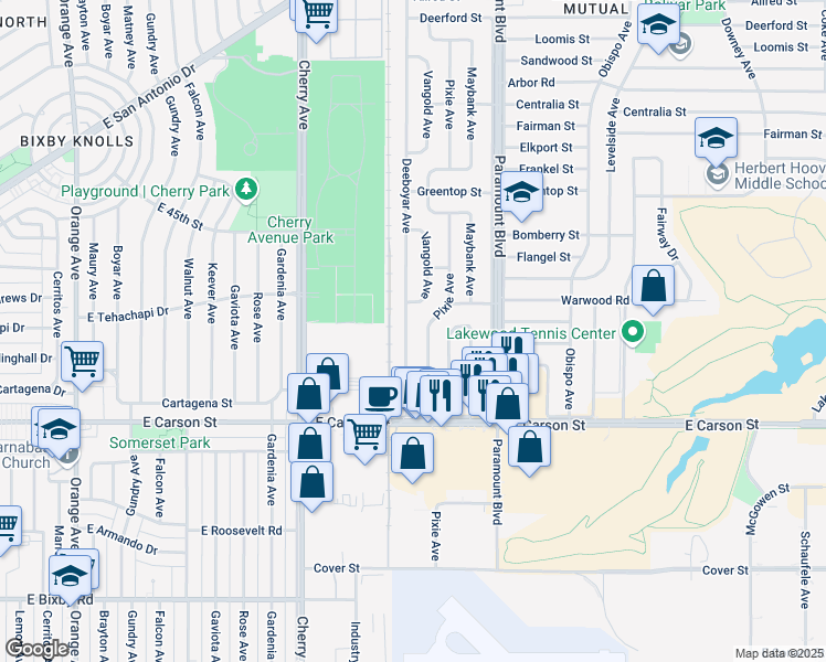 map of restaurants, bars, coffee shops, grocery stores, and more near 4256 Pixie Avenue in Lakewood