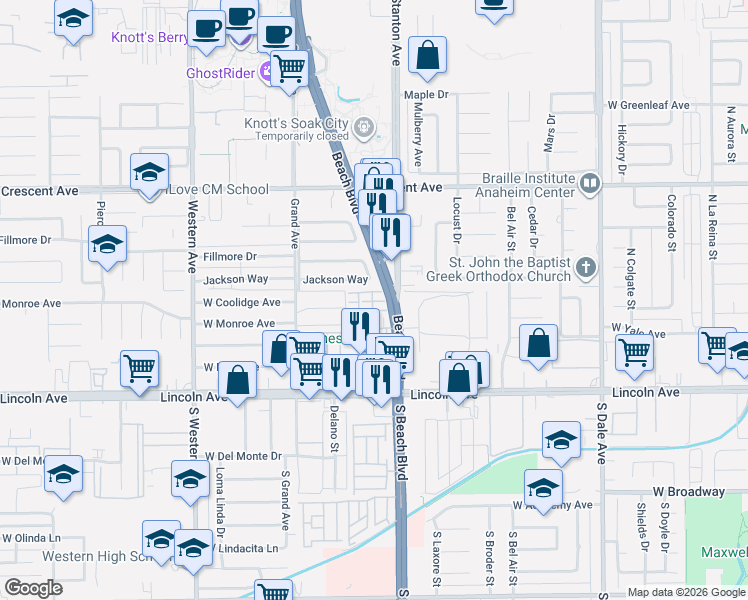 map of restaurants, bars, coffee shops, grocery stores, and more near 480 Santa Maria Street in Anaheim